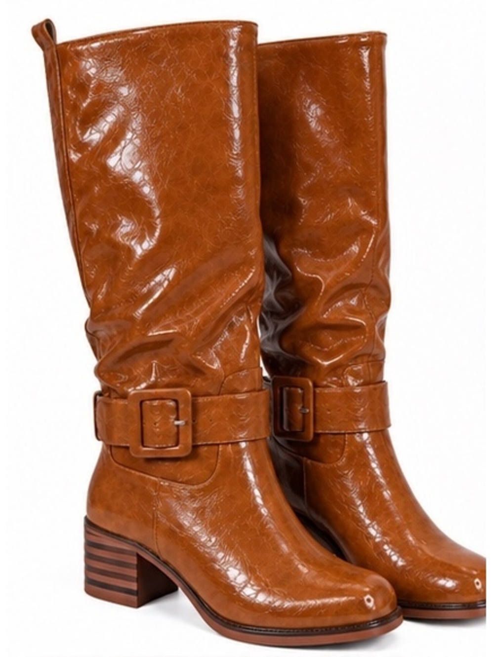 FRJR Women’s Knee High Riding Boots Brown Cognac Buckle Block Heel Size 9 NIB